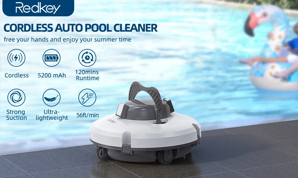 Redkey S100 Cordless Robotic Pool Vacuum for Ground Pool Automatic Pool Vacuum Cleaner Lasts 120 Mins with Strong Suction