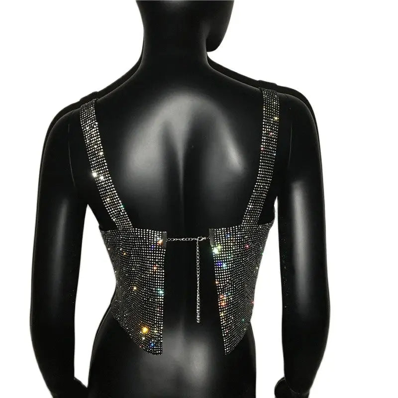 2025 Glitter Nightclub Backless Rhinestone Tank Top Women Sexy Metal Crystal Diamonds Sequined Night Club Party Wear Crop Top