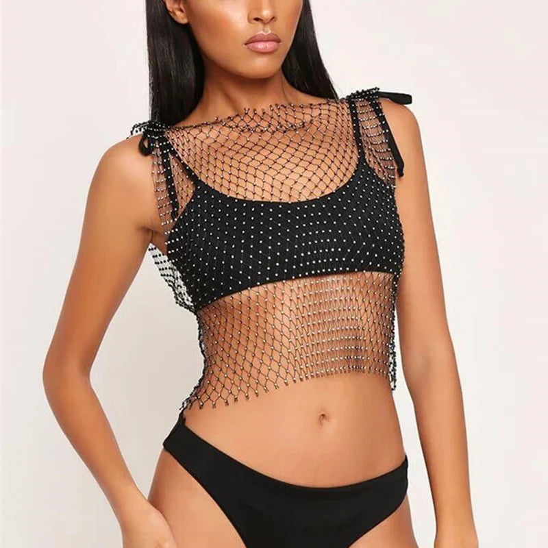 FestivalQueen Sexy Diamonds Mesh Cropped Tank Top Women Summer Cover Up Bikini See Through Rhinestone Net Party Club Crop Top