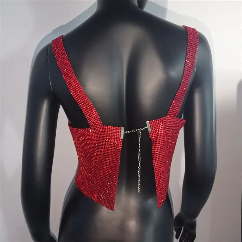 2025 Glitter Nightclub Backless Rhinestone Tank Top Women Sexy Metal Crystal Diamonds Sequined Night Club Party Wear Crop Top