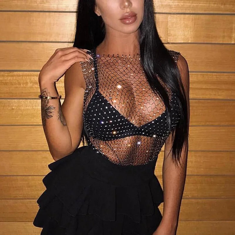 FestivalQueen Sexy Diamonds Mesh Cropped Tank Top Women Summer Cover Up Bikini See Through Rhinestone Net Party Club Crop Top
